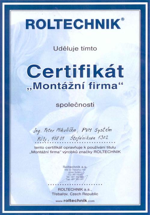 Certifikát Montážní firma Roltechnik