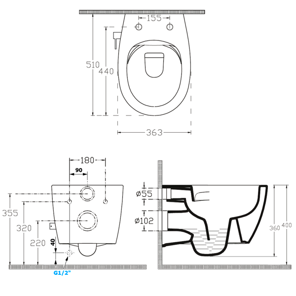 Sentimenti 10ARS1010 závesná WC misa Rimless, integrovaný ventil a bidetová sprška 36x51 cm, biela