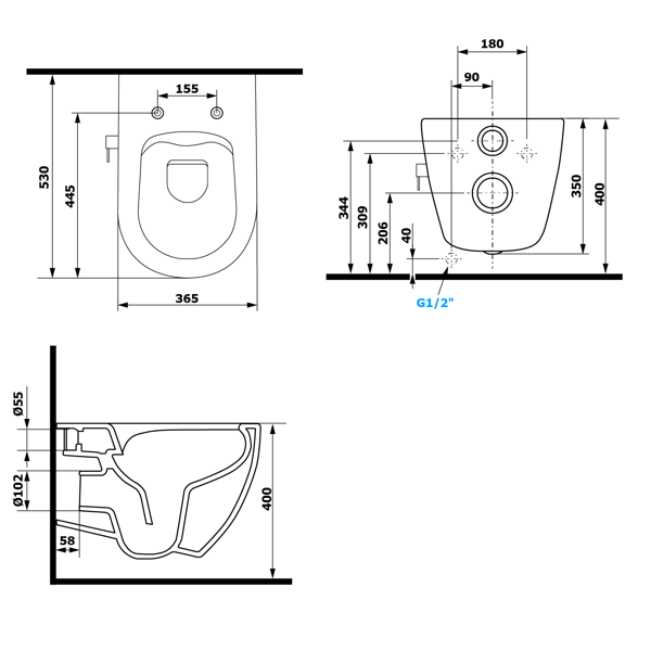 Infinity 10NFS1001I závesná WC misa Rimless, integrovaný ventil a bidetová spŕška 36,5x53 cm, biela