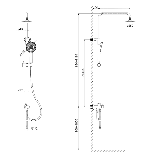 Sapho 1202-30 sprchový stĺp pre nástennú batériu, hlavová a ručná sprcha, chróm