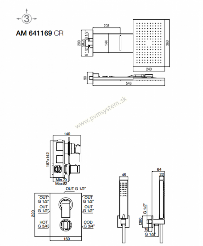 Batéria Alpi AQUARAMA 641169 sprchová podomietková termostatická - komplet