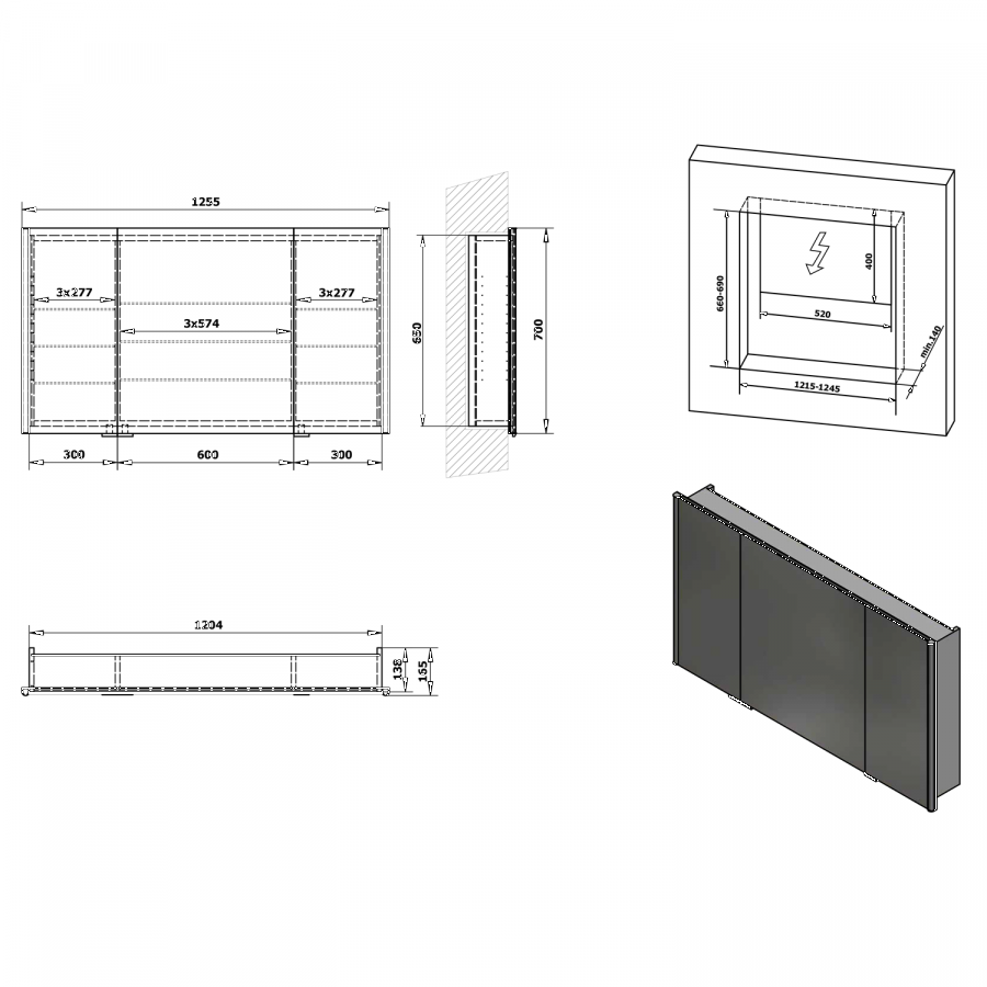 Integra IN125 zápustná galérka s LED osvetlením, 125,6x70x16,5 cm