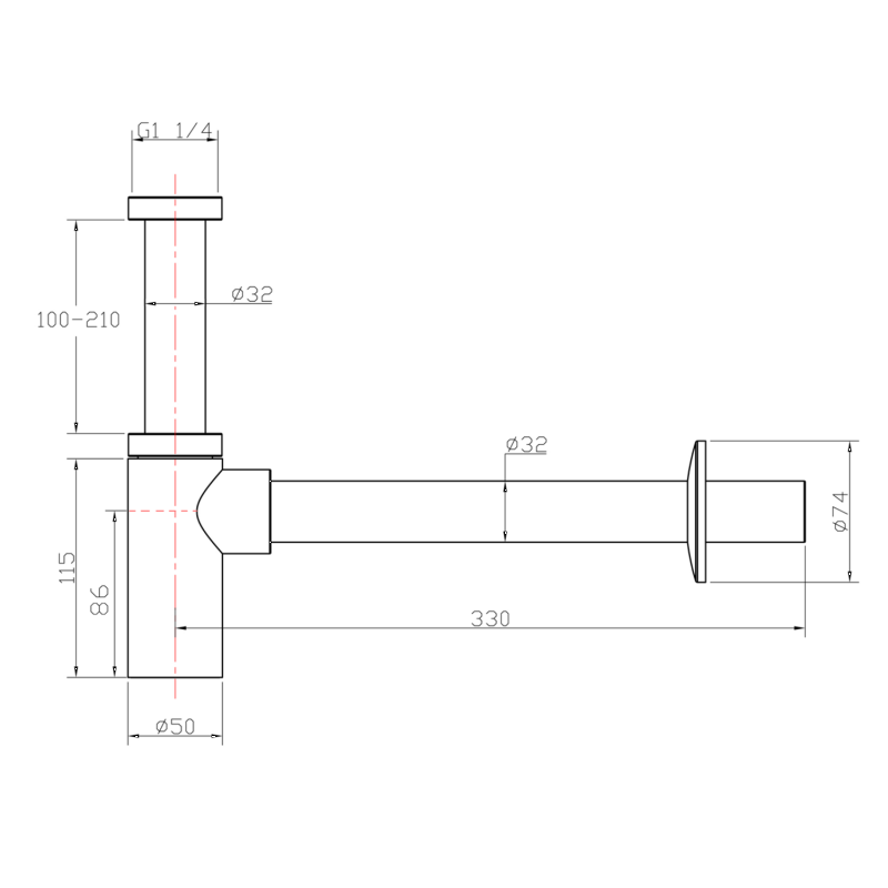 Sapho FK324B umývadlový sifón 5/4", odpad 32mm, guľatý, čierny