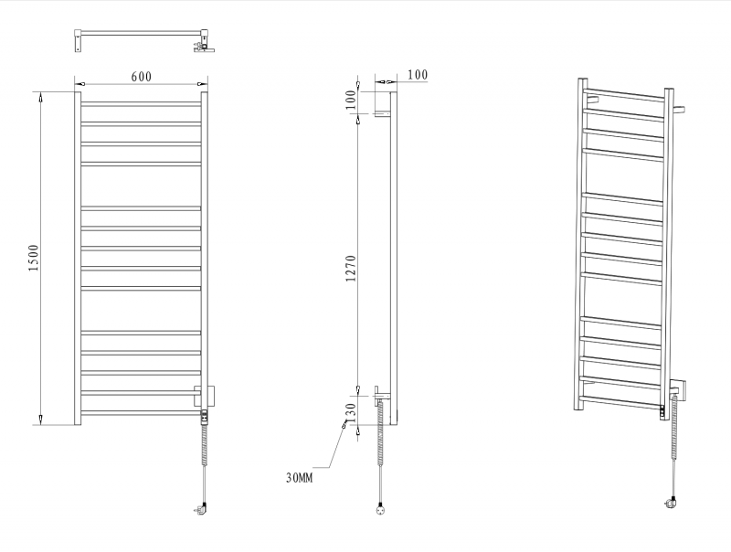 Eskinado ER450BT elektrický sušiak uterákov, hranatý, 600x1500mm, 130W, čierny, časovač