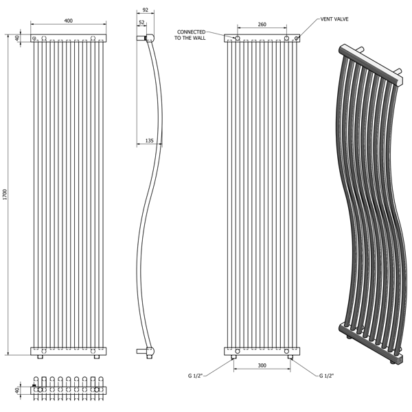 Onda 1801-05 vykurovacie teleso 400x1700mm, 425W, chróm