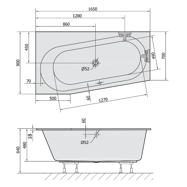 Astra WL Slim 30611S asymetrická vaňa 165x90x48cm, biela