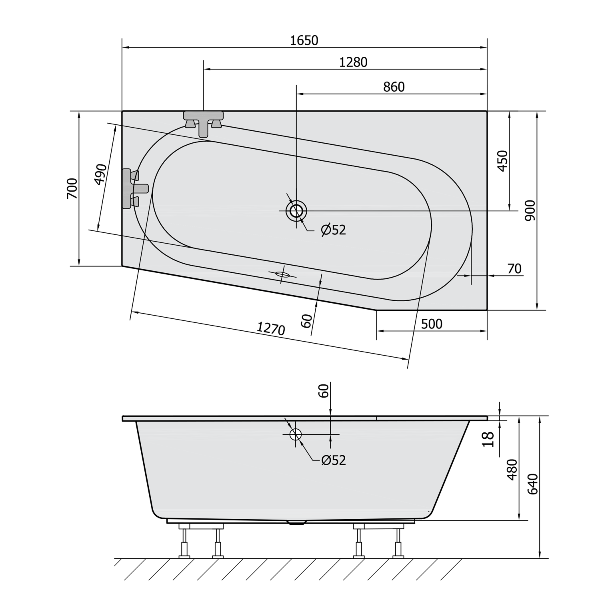 Astra WR Slim 31611S asymetrická vaňa 165x90x48cm, biela