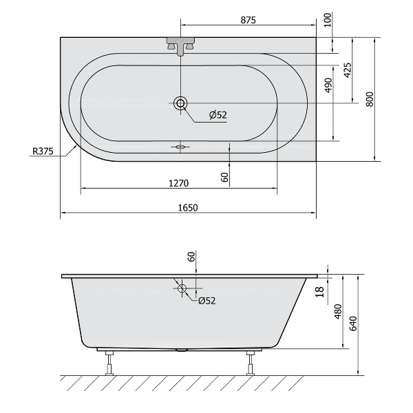 Astra R Slim 34611S asymetrická vaňa 165x80x48cm, biela