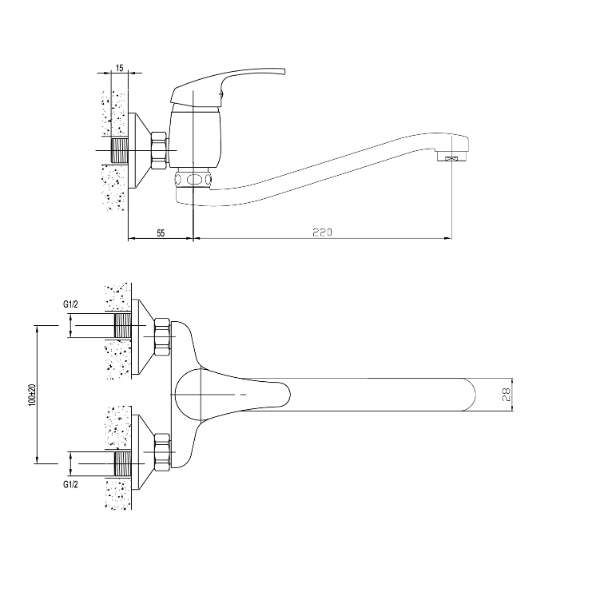Aqualine 35 52032 drezová batéria, 100mm rozteč, ploché zvýšené ramienko, chróm