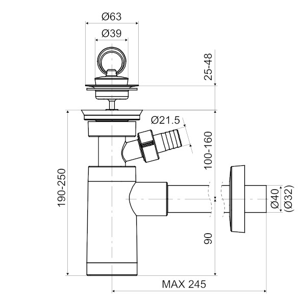 Slovarm P-968C DN40 umývadlový sifón s prípojkou na práčku