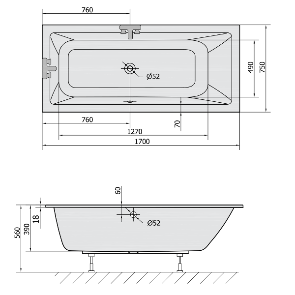 Mimoa Slim 71709S obdĺžniková vaňa 170x75x39cm, biela