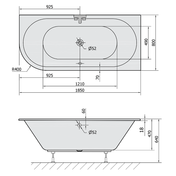 Viva R Slim 72129S asymetrická vaňa 185x80x47cm, biela