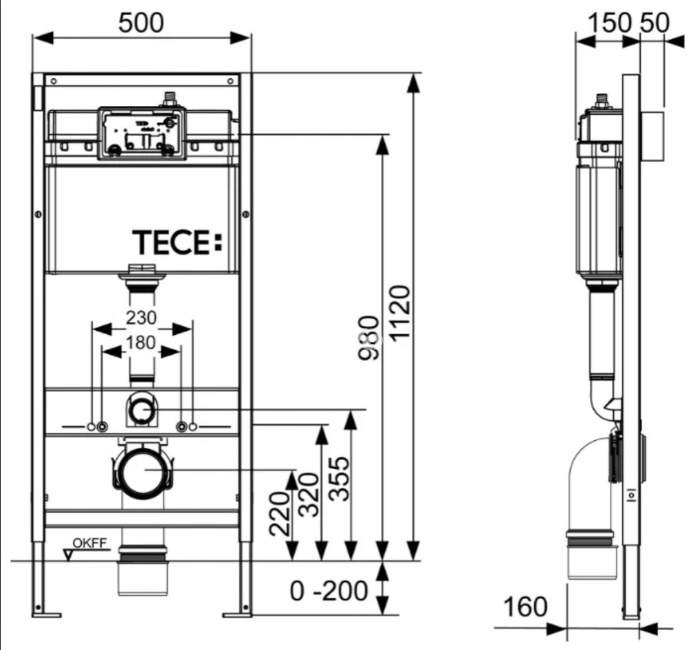 TECEprofil- SET 4v1: Inštalačný modul s nádržkou UNI pre WC, výška 1,12m + tlačidlo chróm + úchyt + zvuková izolácia