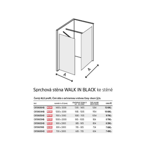 Mereo Novea CK10604HB sprchová stena WALK IN 120 x 200 cm, čierna, sklo Číre