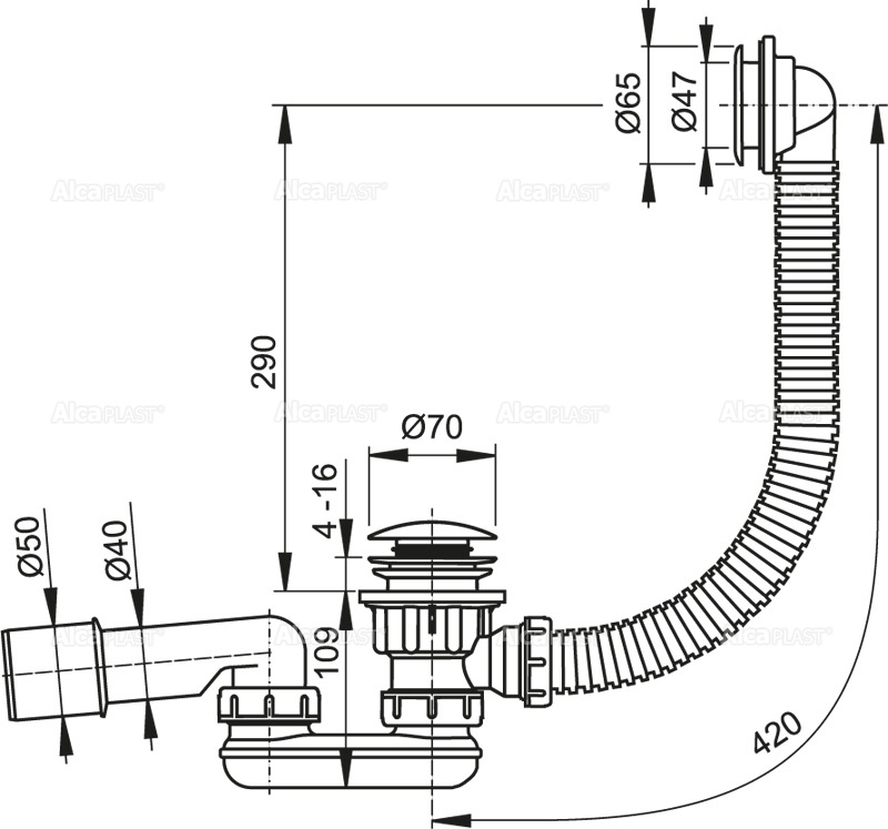 Alcaplast sifón A503KM click-clack do sprchovej vaničky s prepadom, priemer 50 mm