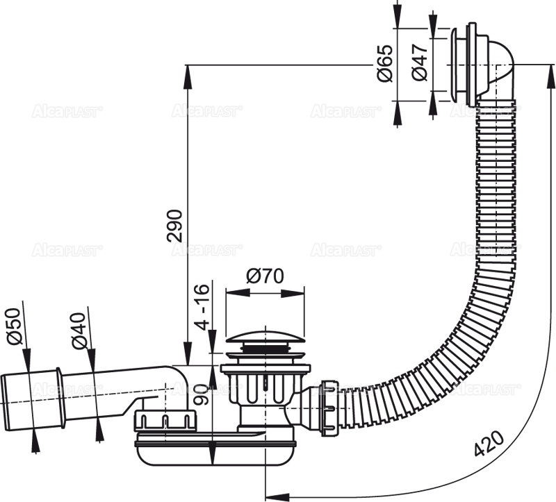 Alcaplast sifón A506KM click-clack do sprchovej vaničky s prepadom, priemer 50 mm