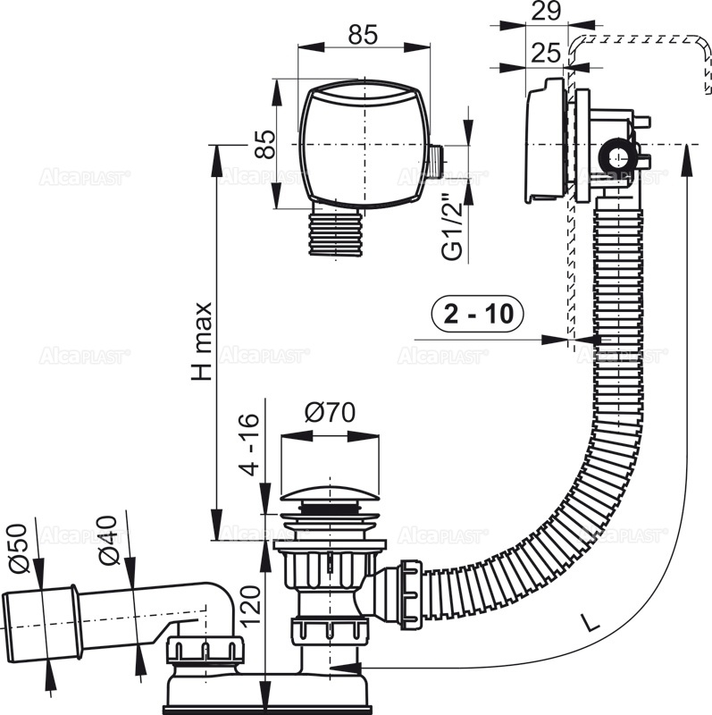 Alcaplast sifón vaňový ALC-A508KM s napúšťaním prepadom click/clack