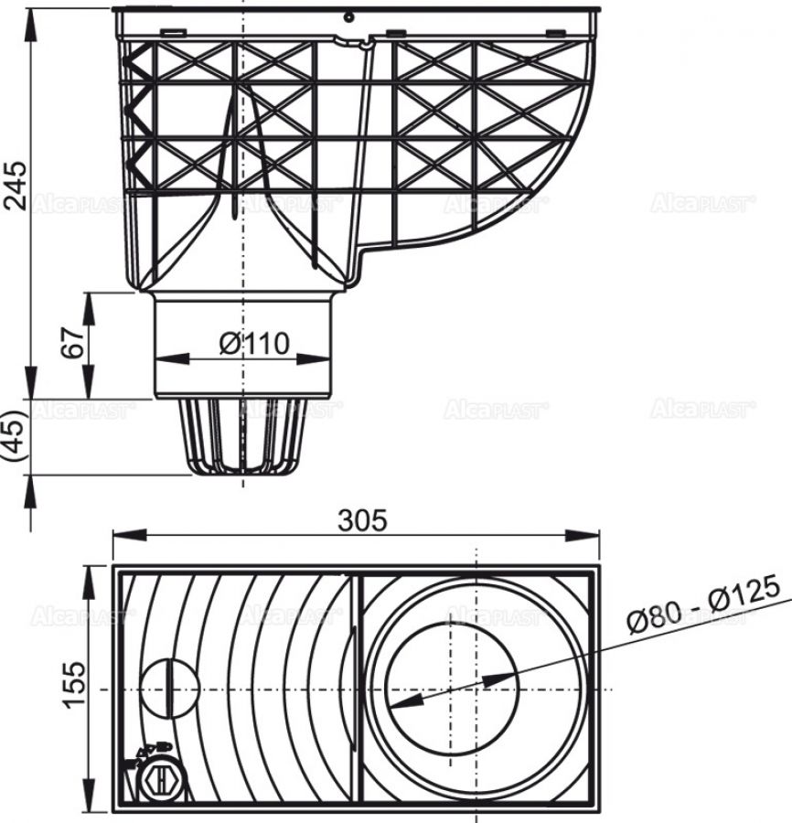 Alcaplast AGV1 lapač spodný čierny 300 × 155/110