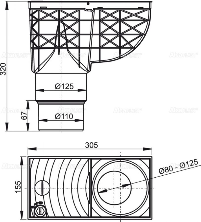 Alcaplast AGV4S lapač spodný šedý 300 × 155/125/110