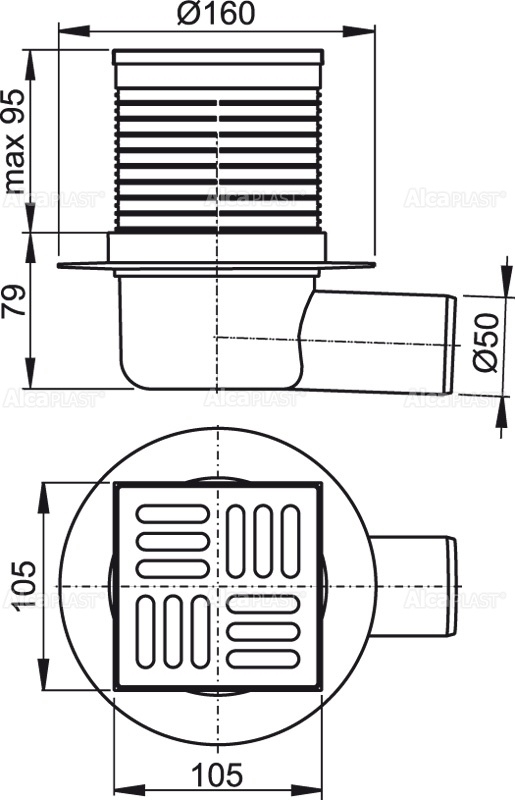 Alcaplast APV1 podlahová vpusť 105x105