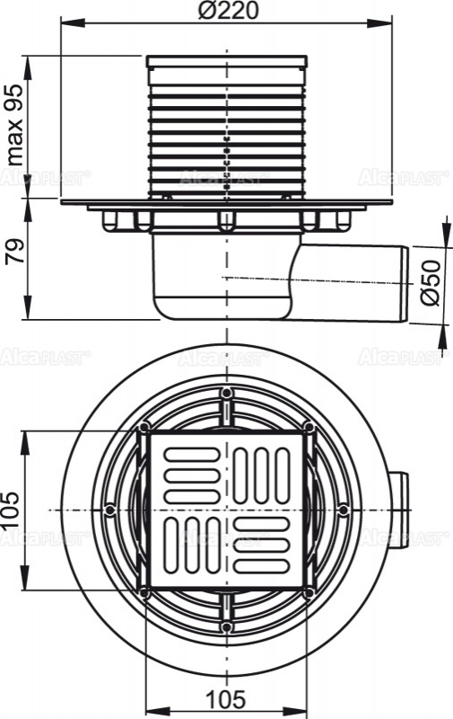 Alcaplast APV101 podlahová vpusť 105x105