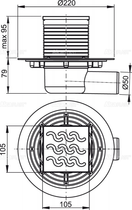 Alcaplast APV102 podlahová vpusť 105x105