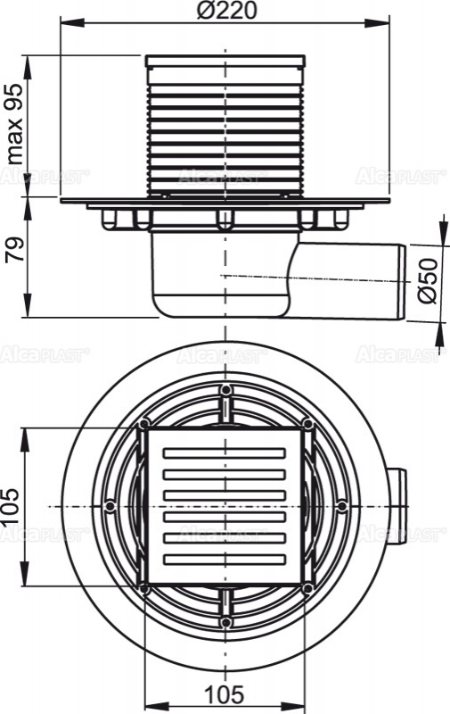 Alcaplast APV103 podlahová vpusť 105x105