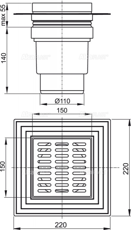 Alcaplast APV11 podlahová vpusť 150x150