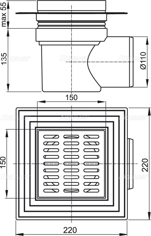 Alcaplast APV12 podlahová vpusť 150x150