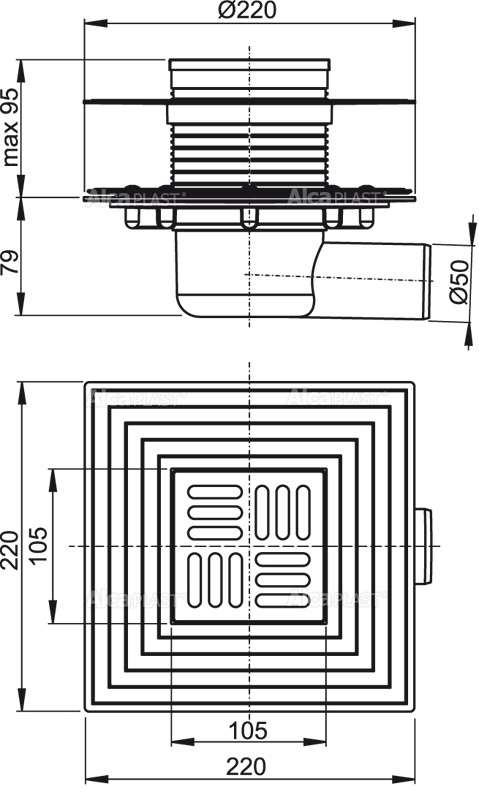 Alcaplast APV1324 podlahová vpusť 105x105