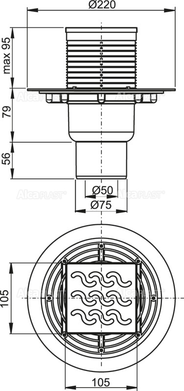 Alcaplast APV202 podlahová vpusť 105x105