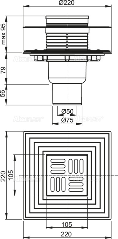 Alcaplast APV2324 podlahová vpusť 105x105