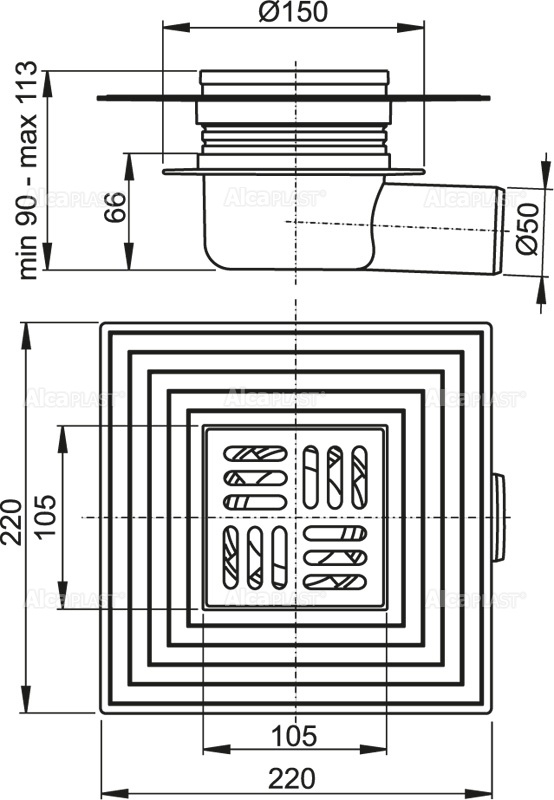 Alcaplast APV26 podlahová vpusť 105x105