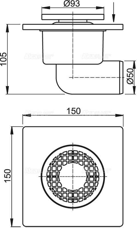 Alcaplast APV3 podlahová vpusť 150x150