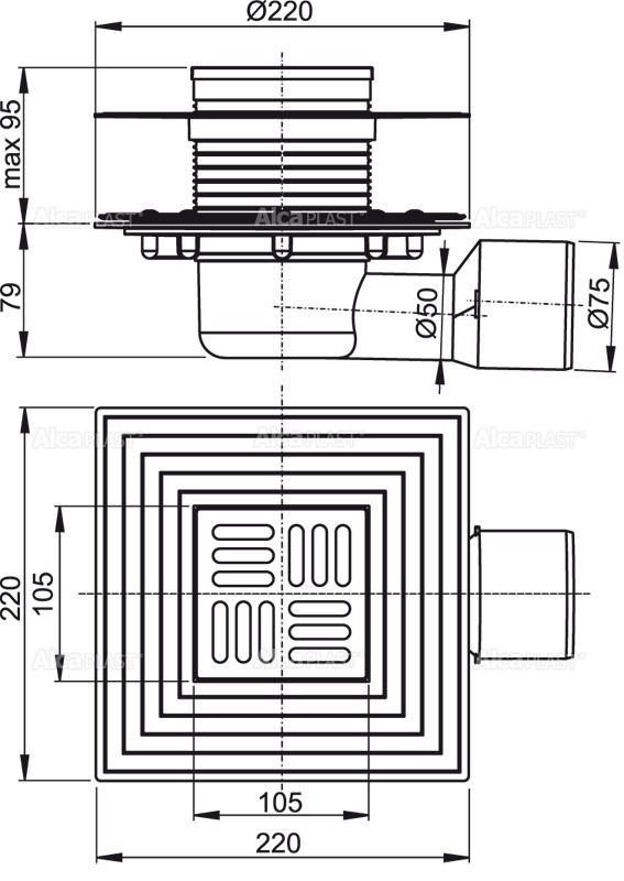 Alcaplast APV3344 podlahová vpusť 105x105