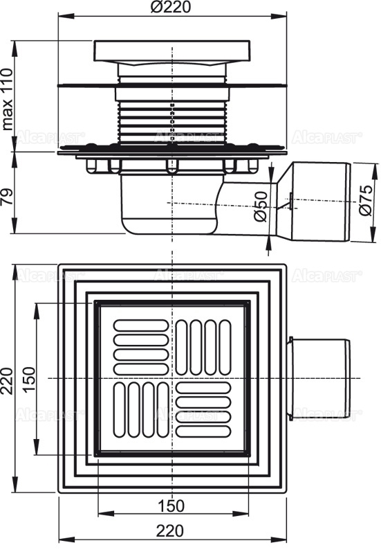 Alcaplast APV3444 podlahová vpusť 150x150