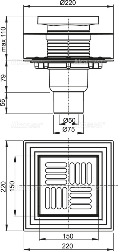 Alcaplast APV4444 podlahová vpusť 150x150