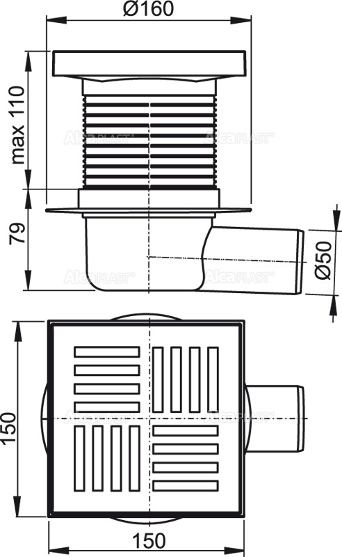 Alcaplast APV5211 podlahová vpusť 150x150