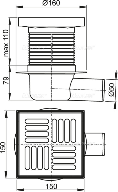 Alcaplast APV5411 podlahová vpusť 150x150