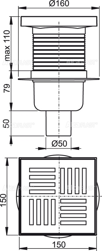 Alcaplast APV6211 podlahová vpusť 150x150