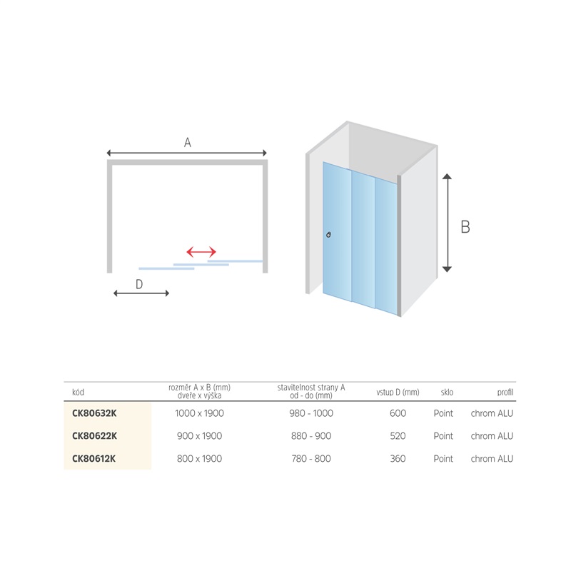 Mereo Lima CK80612K sprchové dvere, trojdielne, zasúvacie, 80 cm, chróm ALU, sklo Point