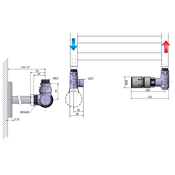 Corner Combi CP3022BS pripojovacia sada ventilov termostatická, pravé prevedenie, čierna matná