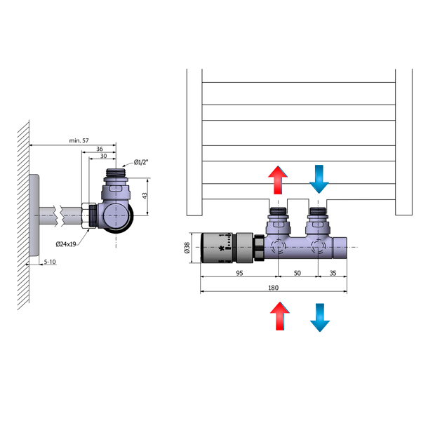 Twin CP3525S pripojovacia sada ventilov termostatická pre stredové pripojenie, brúsená nerez