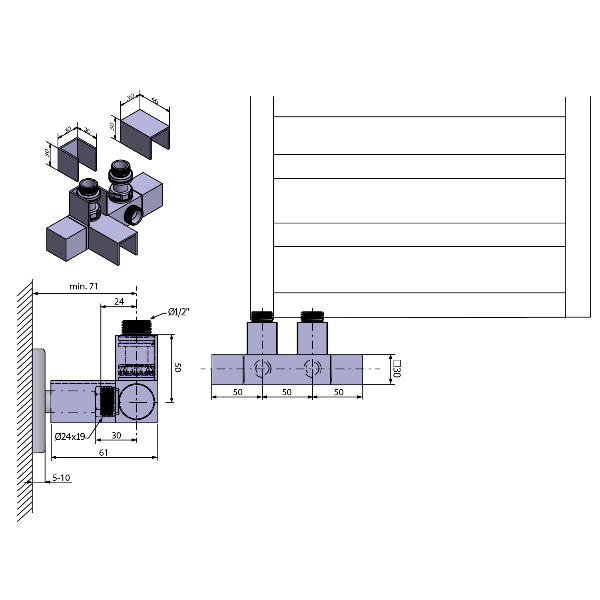 Cube Twin CP582S pripojovacia sada pre stredové pripojenie 50mm, brúsená nerez