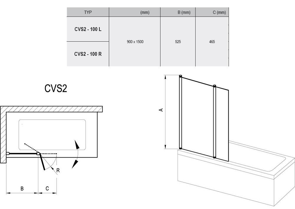 Ravak Chrome vaňová zástena CVS2-100 L lesk+transparent