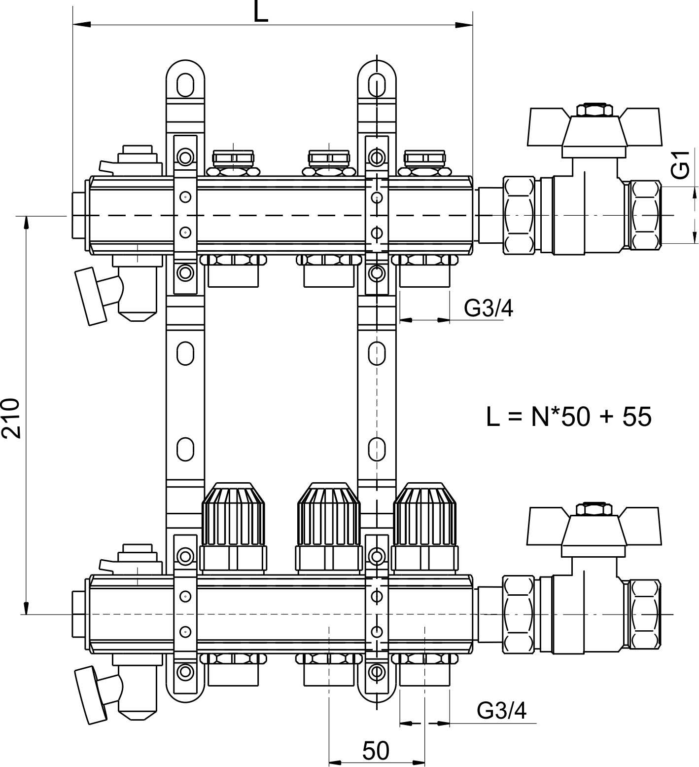 Novaservis RZ06 rozdeľovač 6-okruhový bez prietokomerov s guľovými ventilmi