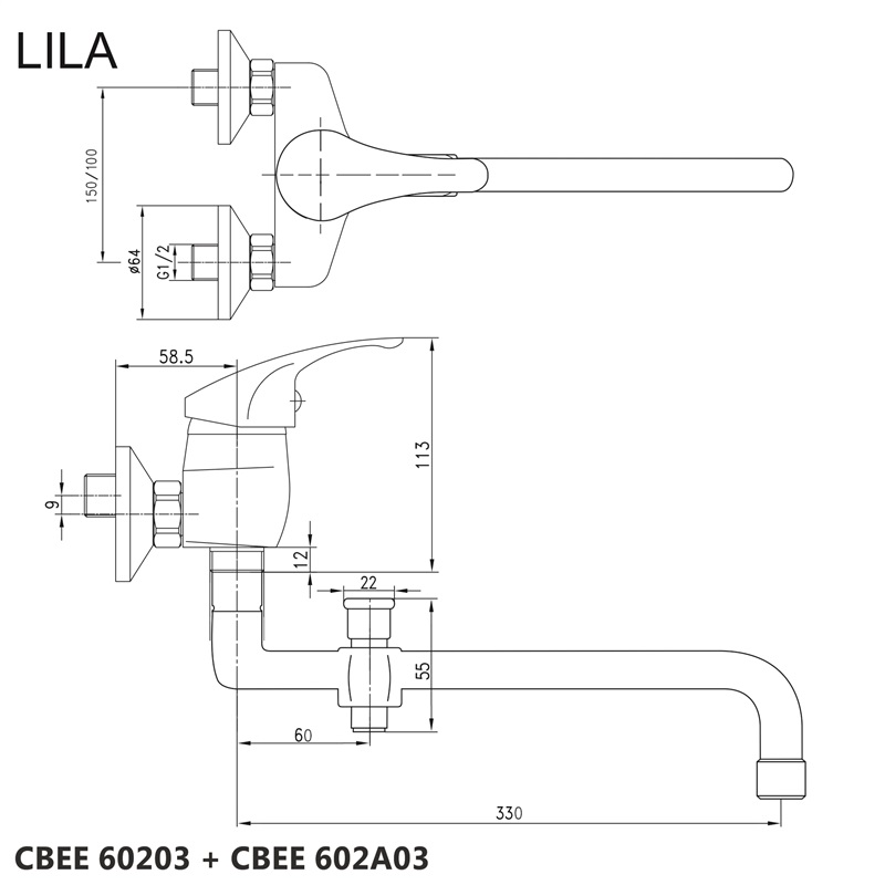 Mereo Lila CBEE602A03 batéria do bytového jadra 100 mm s rúrkovým ramienkom 330 mm