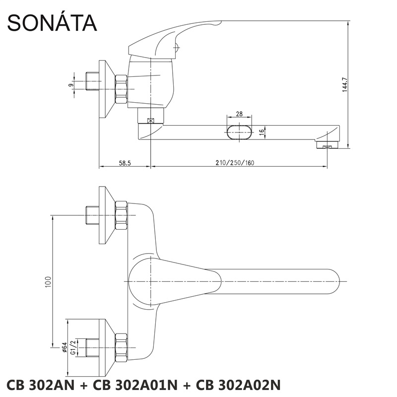 Mereo Sonata CB302AN drezová nástenná batéria 100 mm