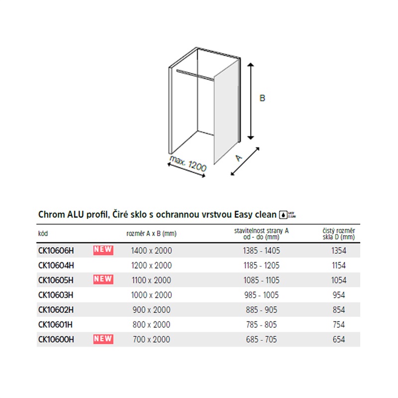 Mereo Novea CK10605H sprchová stena WALK IN 110 x 200 cm, chróm ALU, sklo Číre