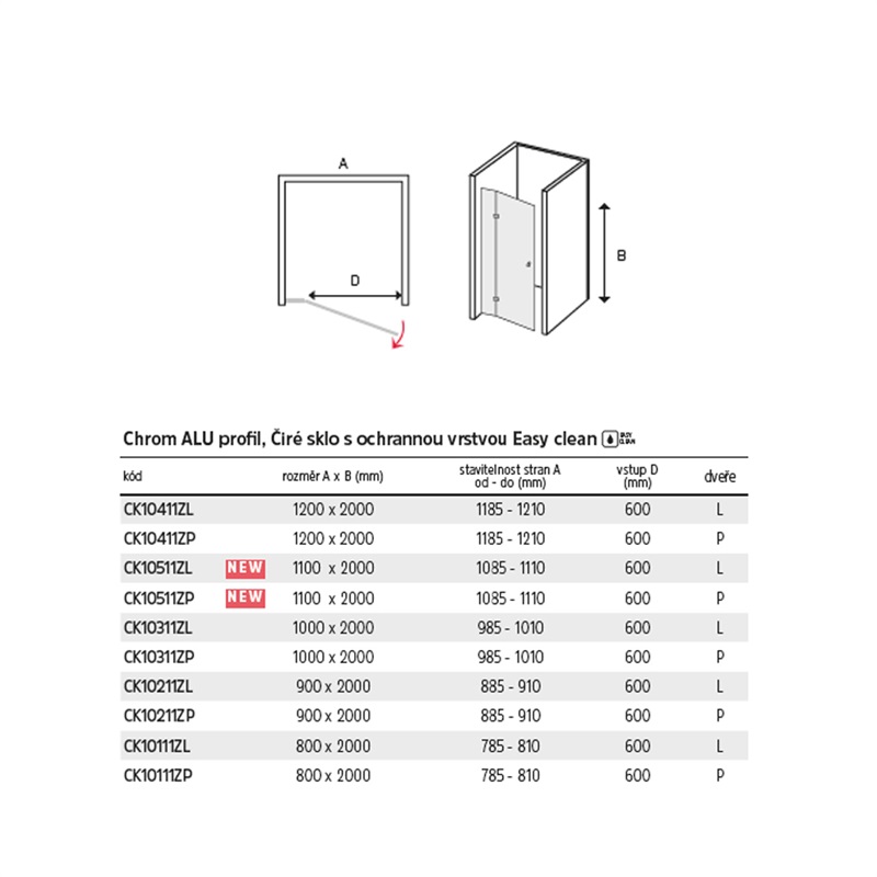 Mereo Novea CK10511ZL sprchové dvere 110x190 cm, chróm ALU, sklo Číre, ľavé prevedenie